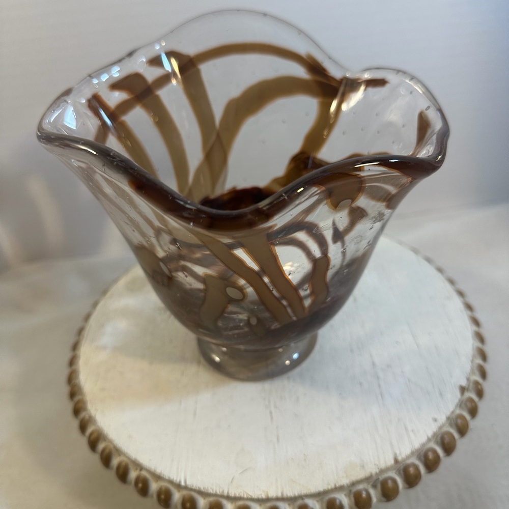 Murano Style Handblown Glass Tulip Vase Clear With Brown Swirls